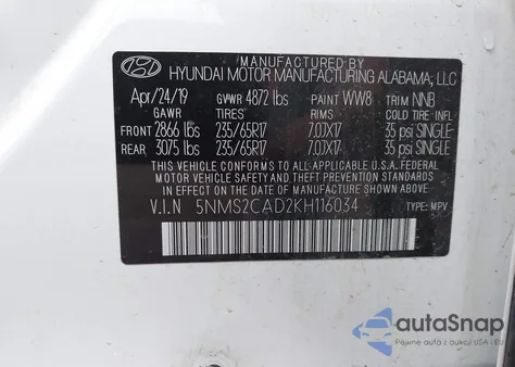 2019 Hyundai Santa Fe Se z USA, uszkodzony, nr VIN 5NMS2CAD2KH116034